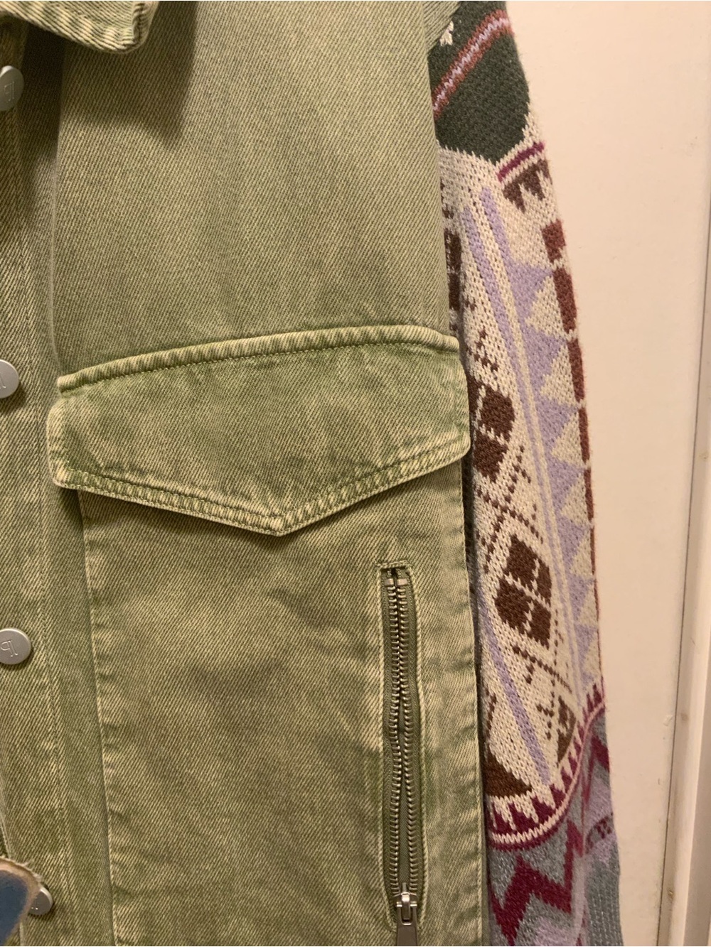 Pilcro Avocado Green Denim Jacket with Patterned Knit Sleeves - Picture 4 of 4